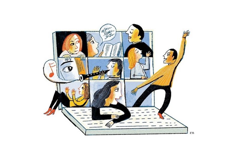 Drawing of people at a Zoom online party